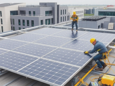 Trabajadores colocando placas fotovoltaicas